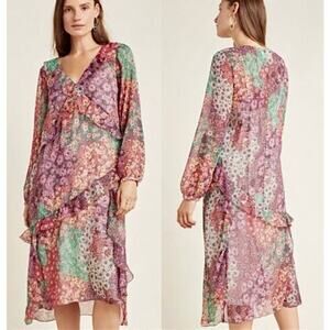 Maeve Anthropologie Sirena Ruffled Tunic Dress M Floral Print V-Neck Boho Flowy